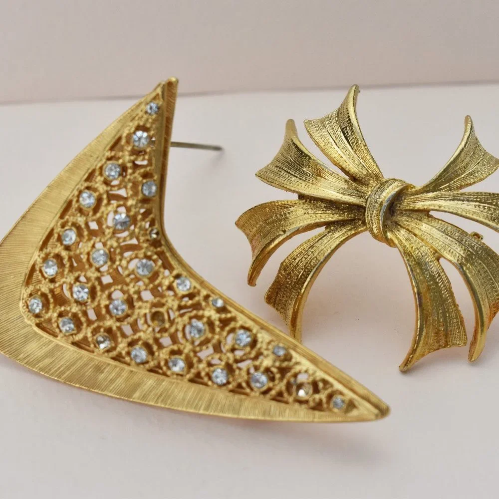 Vintage crystal brooch lot, large fall gold tone jewelry pins